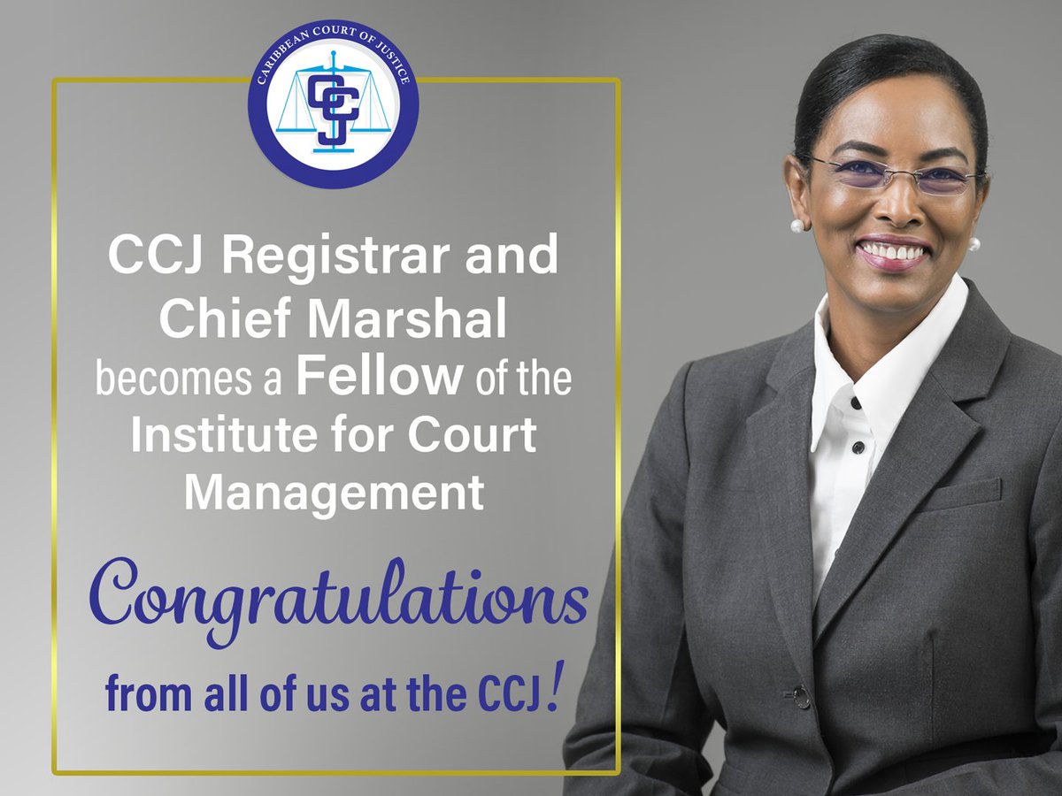 CaribbeanCourt's tweet photo. Ms Jacqueline Graham,  our Registrar and Chief Marshal, was recently certified as a Fellow of the Institute for Court Management (ICM) at the National Center for State Courts, USA.  Congratulations, Registrar! https://t.co/lcg477FwTj