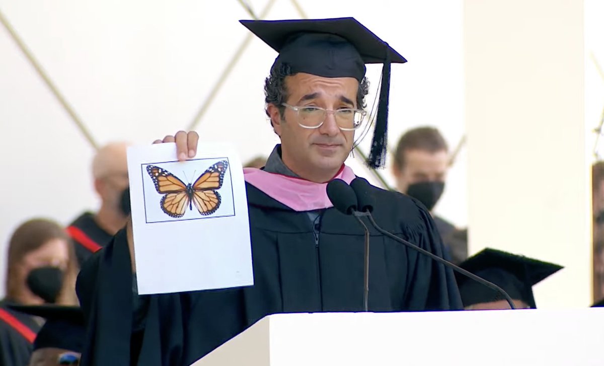 Caltech's tweet photo. "I wish you well as you take flight tomorrow. All of us, we fly with you tomorrow, a human kaleidoscope. So let's do this, butterflies. Let's change the future." 🦋 

— Jad Abumrad (@jadabumrad), creator and former co-host of @Radiolab, to our #Caltech2022 graduates https://t.co/nkalJIBTOB