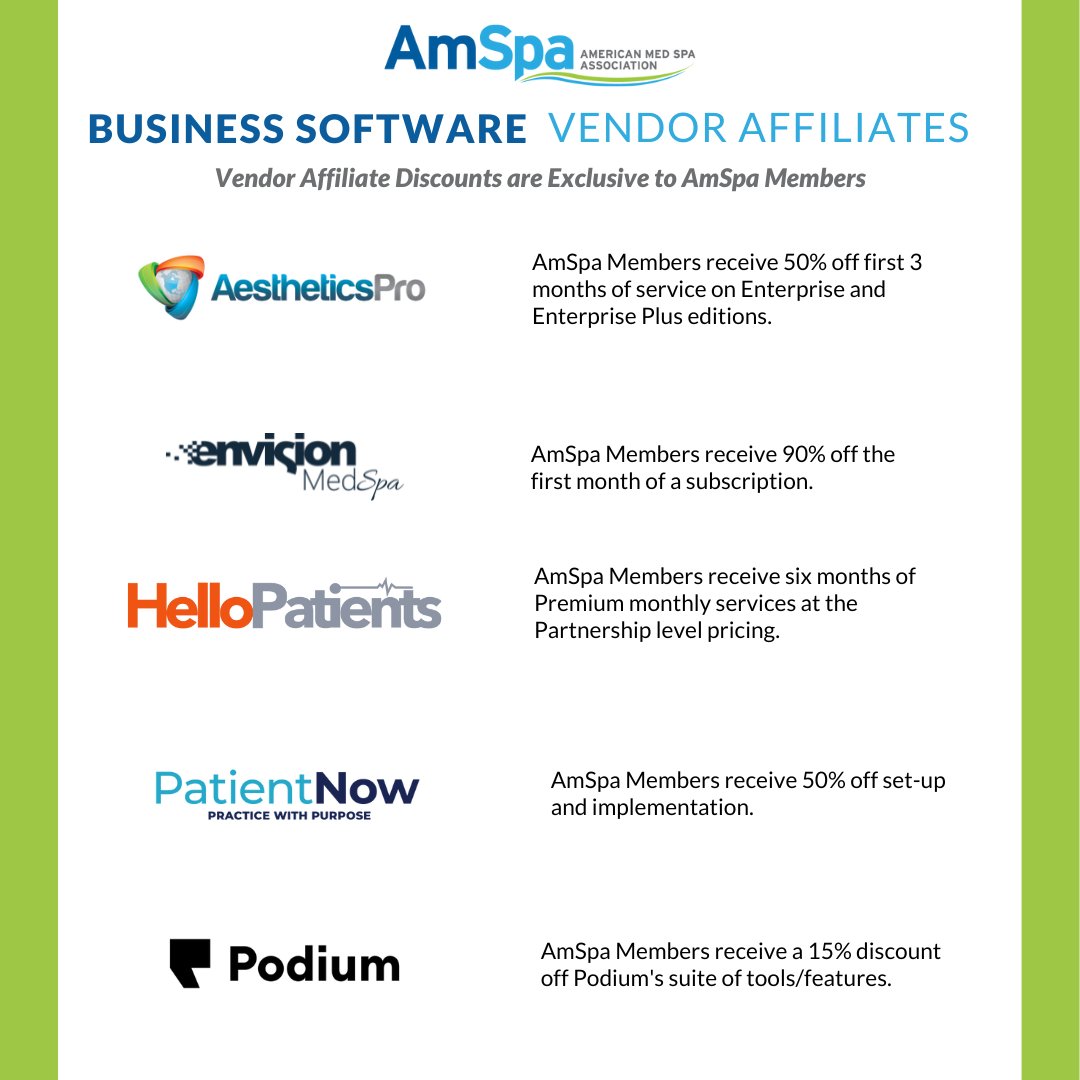 AmSpa1's tweet photo. We want to highlight our business software vendor affiliates! If youβre an #AmSpa member, you are able to receive exclusive discounts when you work with some of the vendor affiliates!
For more information, visit our vendor directory! β¬οΈ
https://t.co/lban5JEdcj https://t.co/5CLiRwjQEK