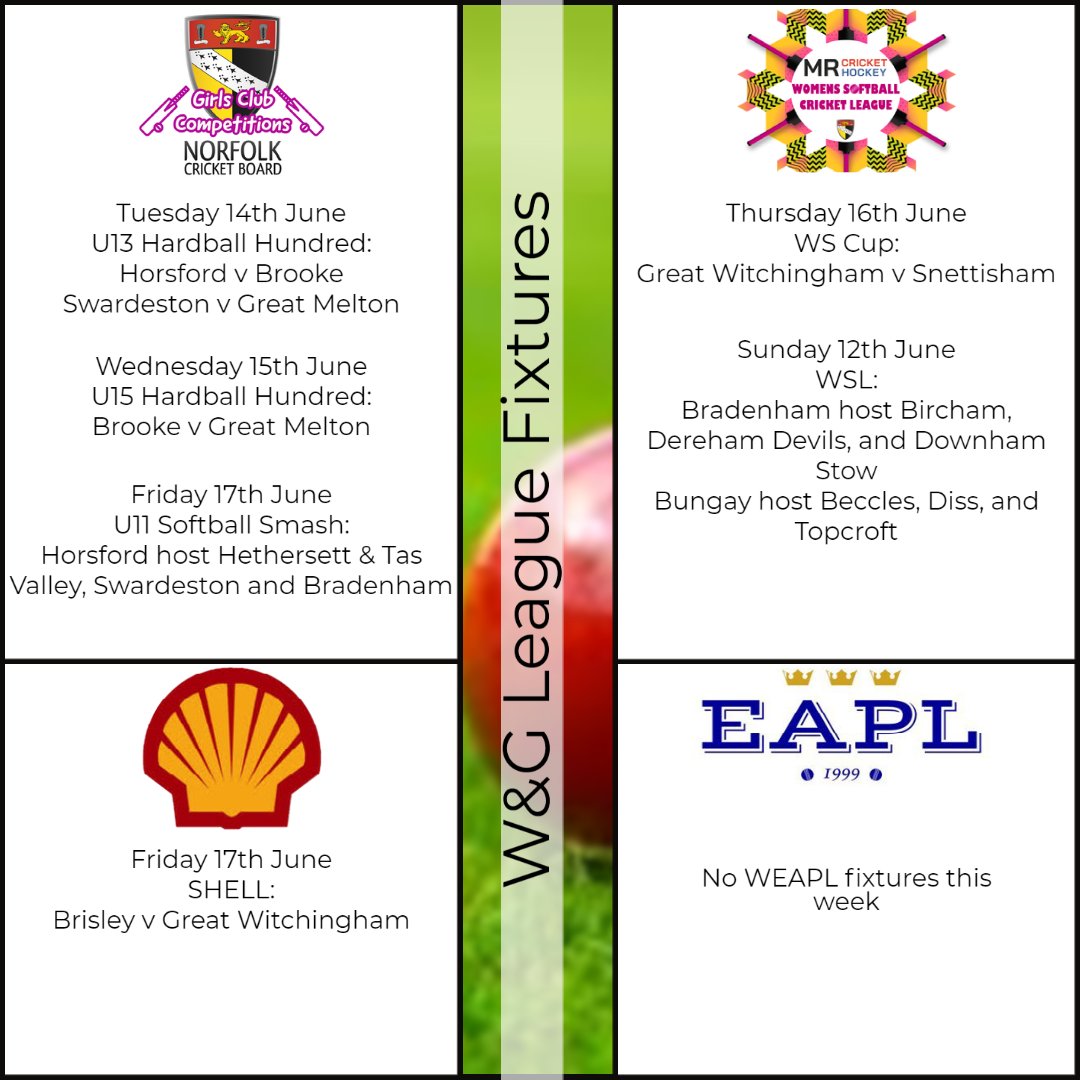 NorfolkCBWandG's tweet photo. 🏏W&G Fixtures this Week🏏
A busy week! Lets hope the sun shines & matches get played 🌞
@HorsfordCC @SwardestonCC @htvcc @BCCbears @BrookeLadies @GreatMeltonCC @BirchamCricket @DerehamCC @DownhamStowCC @BungayCC @BecclesTownCC @DissCC @Topcroftcc @snettishamcc @MrCricketHockey https://t.co/wlHIk5tKPA