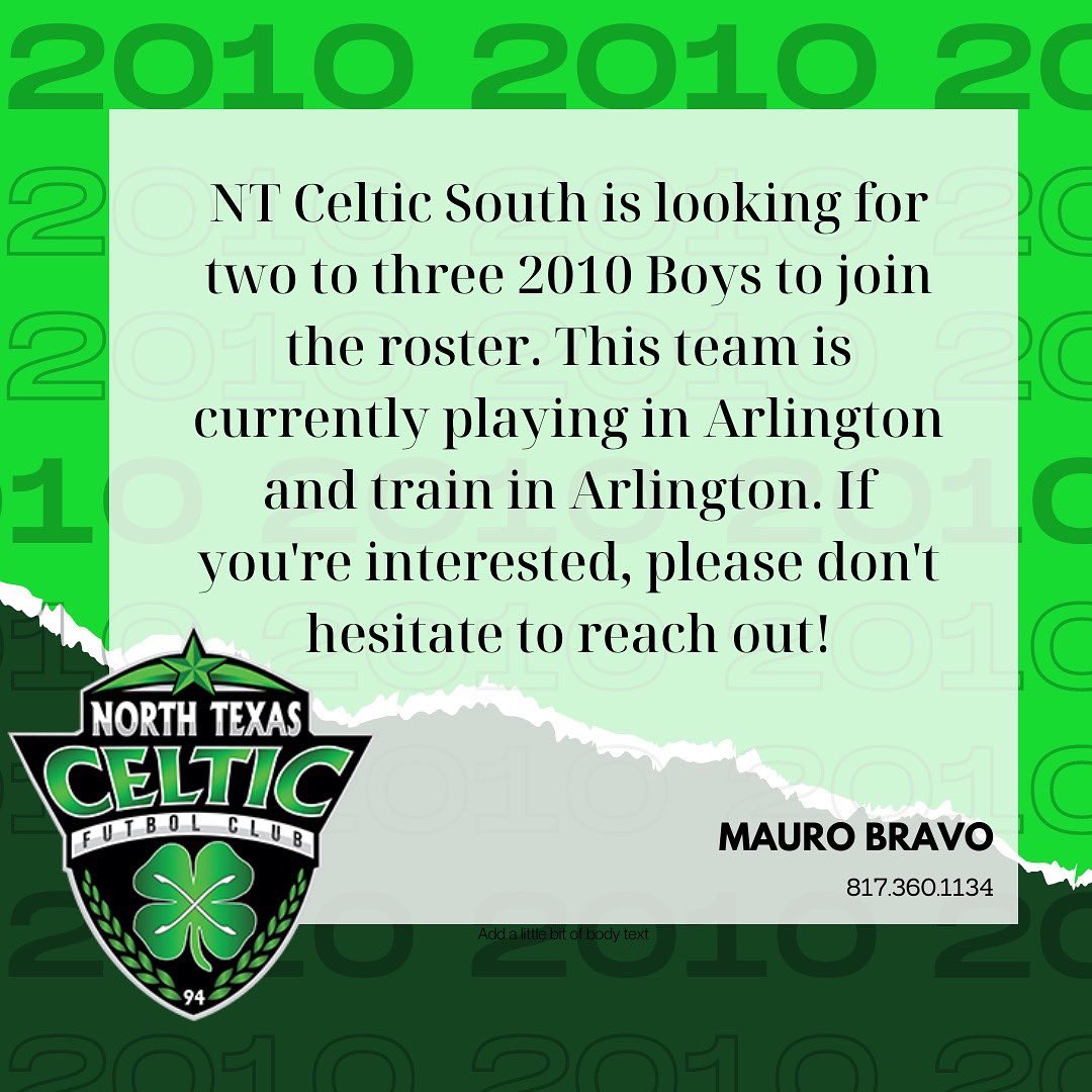 2010 kiddo looking for a new team?

Give us a shout, we would love to work with your athlete!

#2010team #clubsport #northtexassoccer #clubsoccer #celticfc #texassoccer #arlingtontx #ecnl #ecnltexas #dfwsoccer #northtexasclubsoccer #dallas #2010girlssoccer #2010boyssoccer