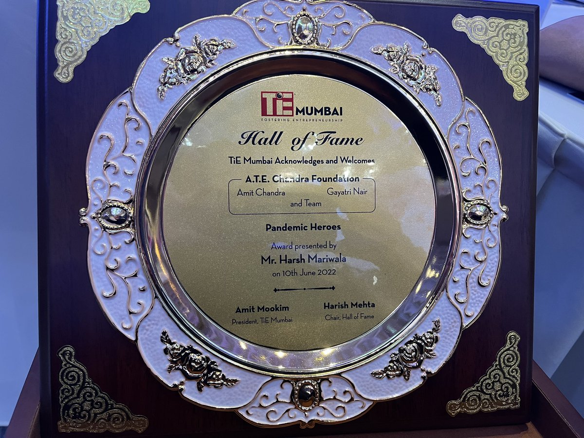ATEChandrafdn's tweet photo. Thank you @TiEMumbai for bestowing us with the prestigious Hall of Fame award and recognising the efforts put in by our team and supporters for the successful implementation of initiatives to combat the deadly COVID-19 pandemic. #HallOfFame #ATECF #AmitChandra @gayatrinairlobo https://t.co/TVL6CqTXiy
