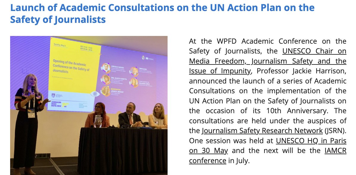 The Journalism Safety Research Network & @UNESCO Chair on #MediaFreedom & Journalism Safety team @JackieHarrison6 & @sara_torsner @sheffielduni are hosting consultations on the @UN Action Plan on Journalists' Safety at its 10th Anniversary. Find out more: mailchi.mp/unesco.org/40_…