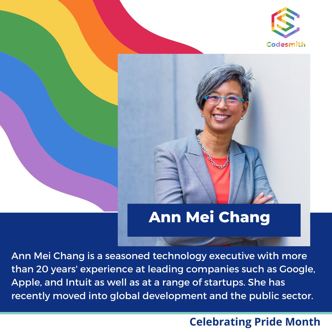 codesmith_'s tweet image. This week we are recognizing LGBTQ+ Tech leader, Ann Mei Chang who has worked at some of the top leading tech companies as well as made an impact in global development and the public sector. Swipe to learn more about her!
#Pride2022