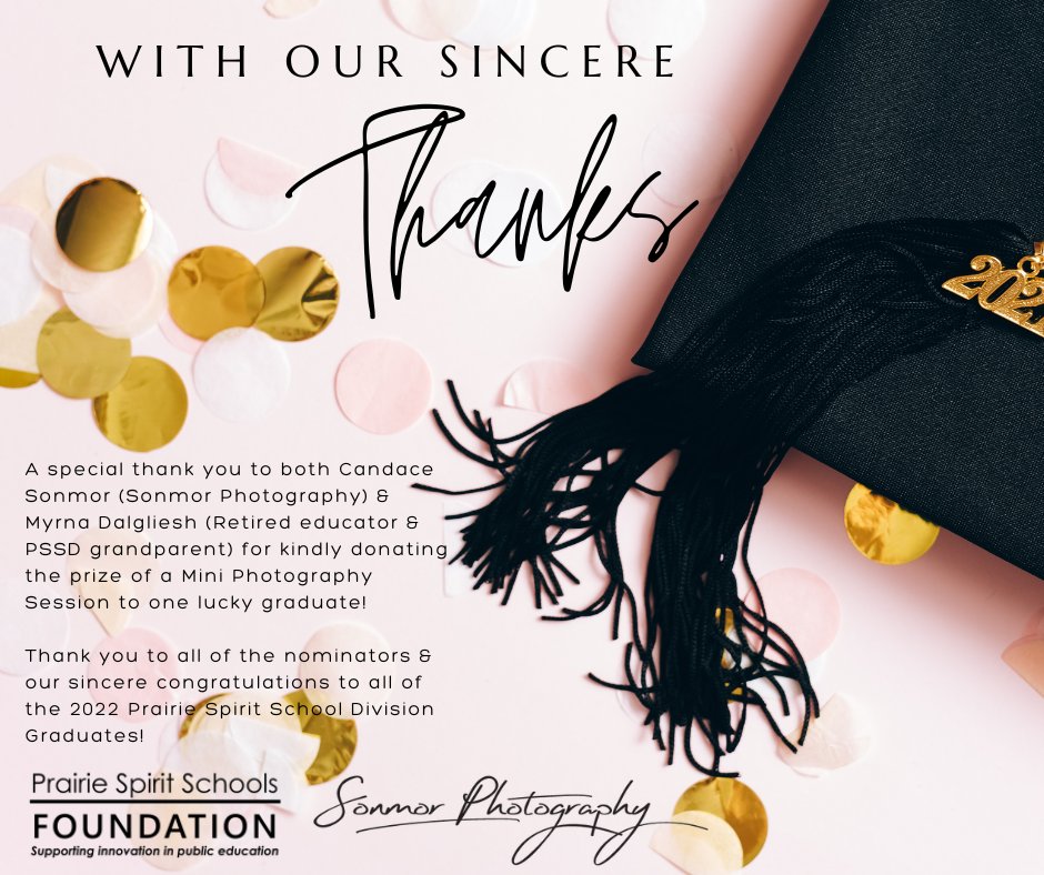 Congrats Jacqueline K. recipient of <a href="/PSSFdn/">Prairie Spirit Fdn</a> GRAD GIVEAWAY! Congrats also <a href="/prairiespiritsd/">Prairie Spirit SD</a> nominees: Alex G., Carson H., Jenna-Lynn H., Riley F. &amp; Wyatt S. Thanks to: Sonmor Photography &amp; Myrna Dalgliesh for donating the prize, the nominators &amp; our congrats to all 2022 PSSD Grads!