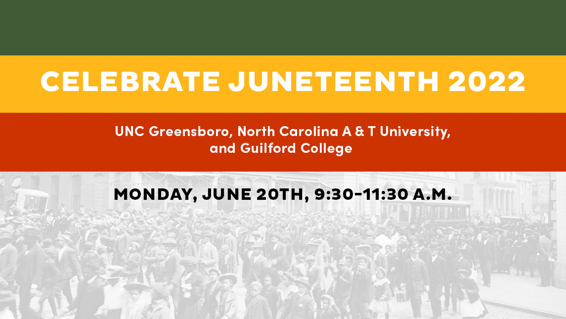 UNCG (@uncg) on Twitter photo Join us this month as we celebrate the African American story and amplify the history of #Juneteenth during two free, public events.
Our Juneteenth Celebration on June 17 and 20 is a collaboration with <a href="/ncatsuaggies/">North Carolina A&T</a> and <a href="/GuilfordCollege/">Guilford College</a>.
Learn more: news.uncg.edu/a-collaborativ… Join us this month as we celebrate the African American story and amplify the history of #Juneteenth during two free, public events.
Our Juneteenth Celebration on June 17 and 20 is a collaboration with <a href="/ncatsuaggies/">North Carolina A&T</a> and <a href="/GuilfordCollege/">Guilford College</a>.
Learn more: news.uncg.edu/a-collaborativ…