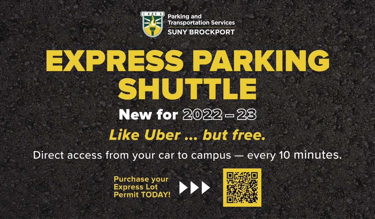 ‼️New for 2022-23: Express <a href="/BportParking/">SUNY Brockport Parking & Transportation</a> Shuttle🚗

Like #Uber... but free. 

Sign up to park in Lot X, and get direct access from your car to campus -- every 10 minutes. 

Learn more: brockport.edu/about/north_ca…