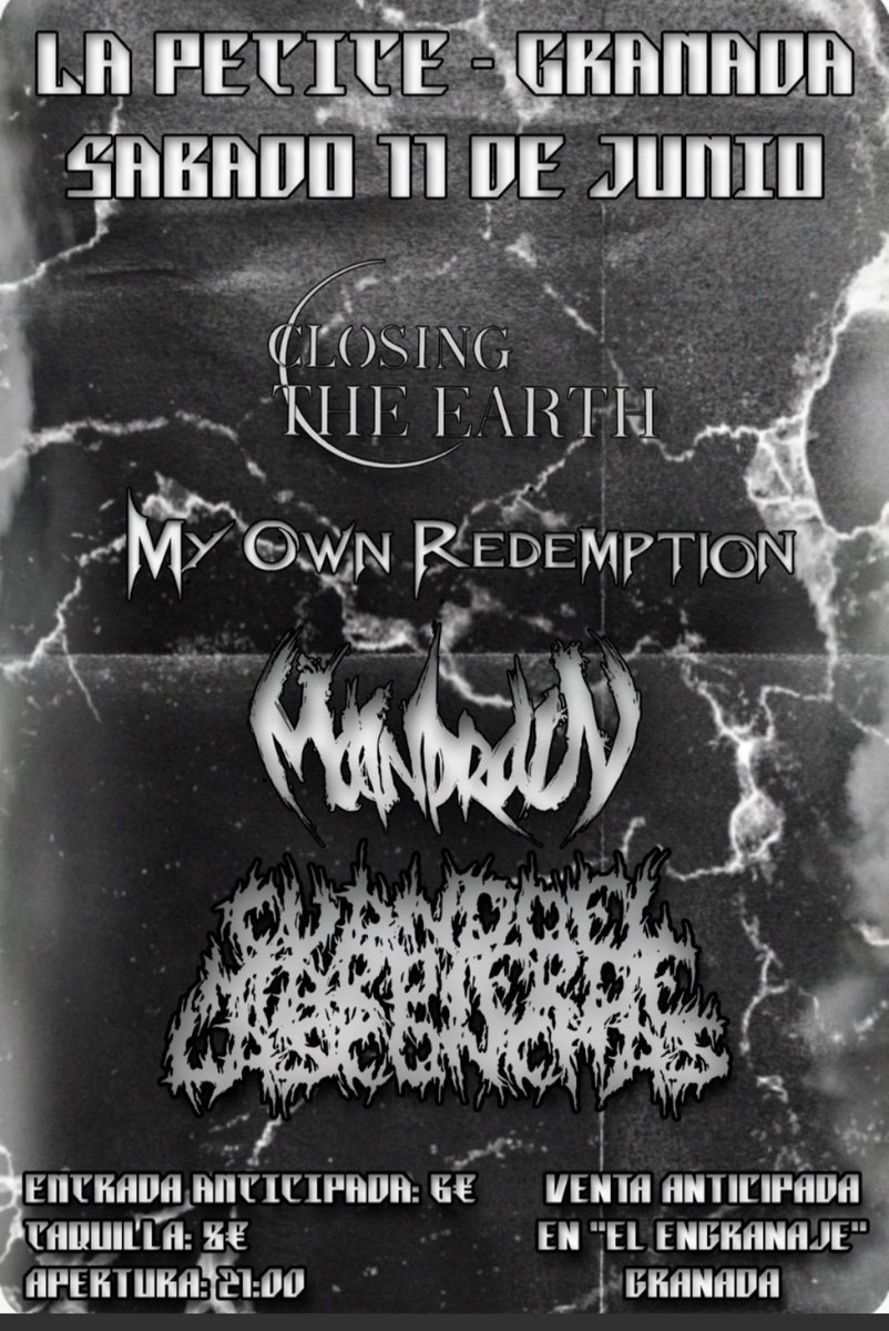 MetalGuardianes's tweet photo. ⚡ Concierto ⚡
@ClosingEarth ha comunicado en su perfil de Instagram problemas con este concierto, sigue en pie sábado 11 Junio en la sala La Petite (Granada) con las bandas #MyOwnRedemption, #Mainbrain y #CuandoElMarPierdeLasConchas
Entradas anticipadas en el pub "El Engranaje" https://t.co/n5KW0aEPAk