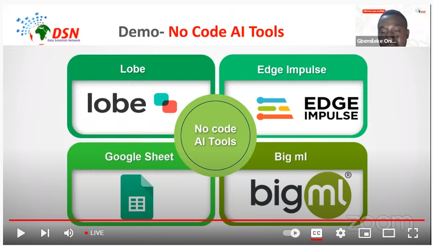 dsn_ai_network's tweet photo. #HappeningNow
Join us as we dive into the practical session, learning the following No Code AI tools.
Join us on Youtube Live > https://t.co/ujBZ8AgT4p
#NoCodeAI #dsn #datascientistsnetwork #datasciencenigeria https://t.co/xvrKRasLF8