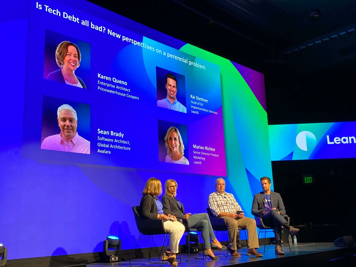 SAPLeanIX's tweet photo. On the panel now at #LeanIXConnect, Karen Queno from @PwC, @seantbrady from @Avalara, and the #LeanIX team discuss tech debt, if it is a business risk, and importantly how to manage it. Watch now: https://t.co/aVBldM394d https://t.co/HN1bsMYhvi