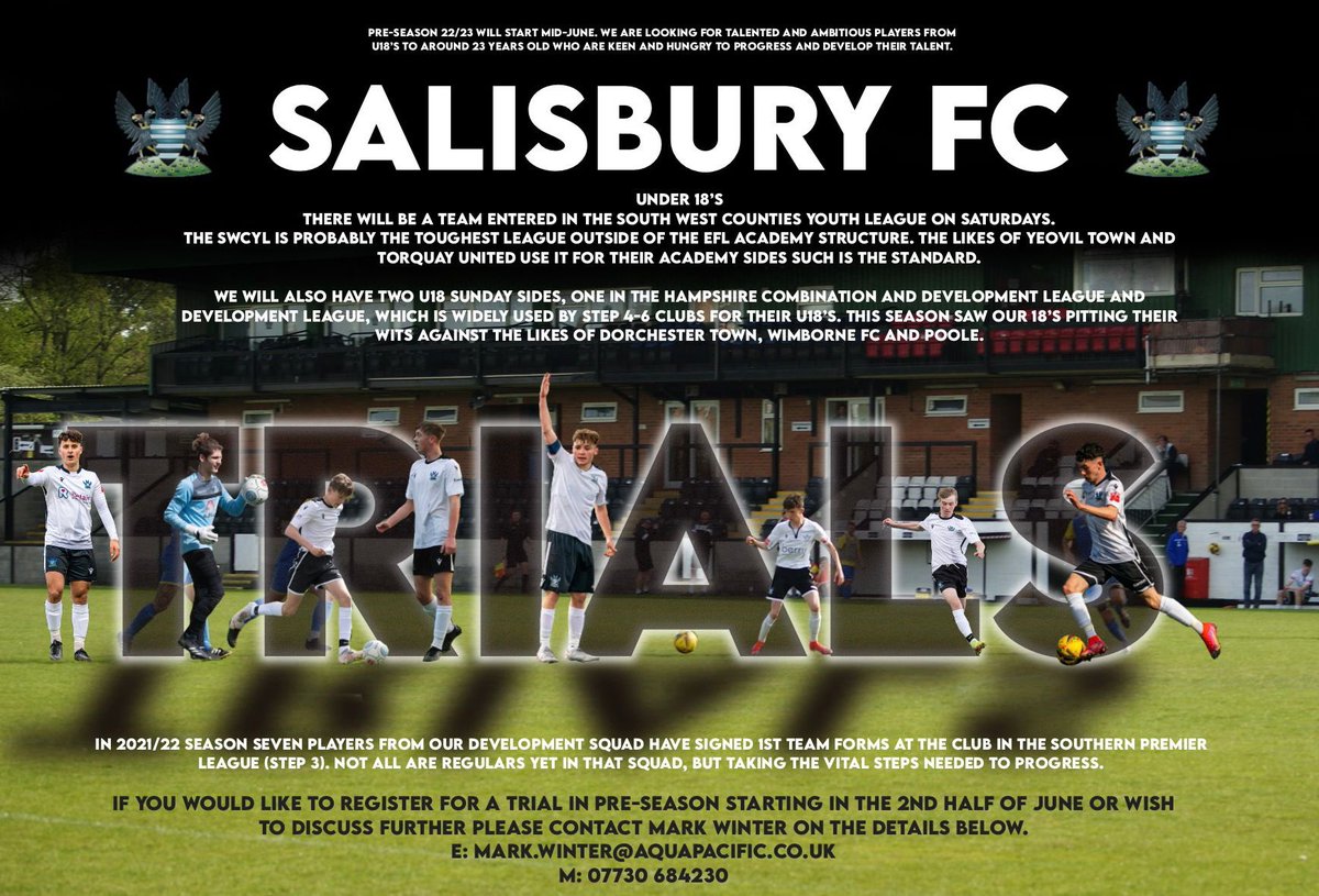 SalisburyFC_Dev's tweet photo. Open trials for our Development squad start 22nd June 7pm and Saturday 25th time tbc. We welcome all players with a desire to push themselves and improve. 

Contact Mark on 07730 684230 for more info https://t.co/5xjTBNhpw5