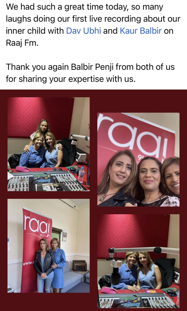 We had such a great time today, so many laughs doing our first live recording about our inner child with Dav Ubhi and Kaur Balbir on Raaj Fm.

Thank you again Balbir Penji from both of us for sharing your expertise with us.