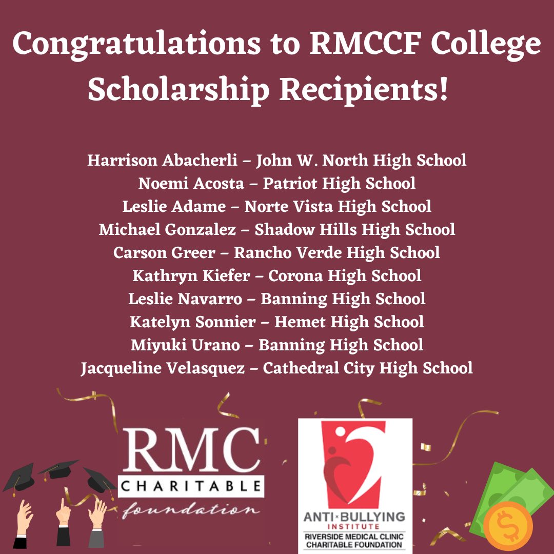 RCOE's tweet photo. Congratulations to the 10 junior &amp; senior #RivCo students who were named 2022 RMCCF Scholarship recipients. 

They each received $500 dollars for planning to pursue a degree in healthcare! Way to go students 🎉👏 @RMCFound @ABI_Bullying https://t.co/9tVeCZLlFK