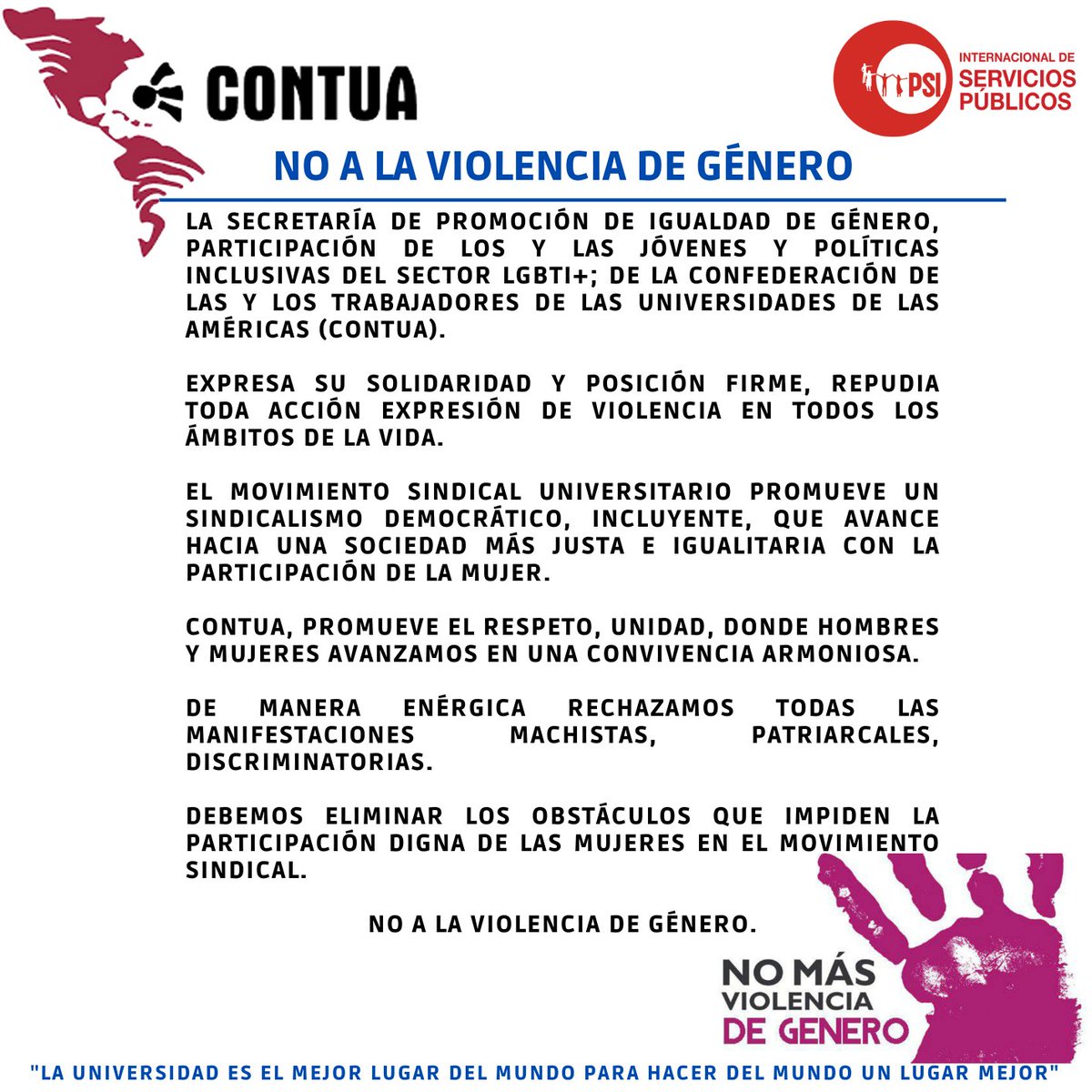 #10Junio La Secretaría de promoción de igualdad de género, participación de los y las jóvenes y políticas inclusivas del sector LGBTI+; de la Confederación de las y los trabajadores de las Universidades de las Américas (CONTUA).
<a href="/CONTUA/">CONTUA</a> 
<a href="/Espinales_Mari/">Maritza Espinales</a>