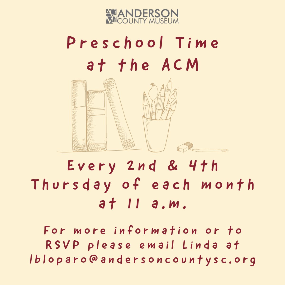 AndCountyMuseum's tweet photo. Join us every second and fourth Thursday of each month at 11 a.m.  for preschool time!

Please email Linda at lbloparo@andersoncountysc.org to reserve your spot or get more information!

#andersonsc #andersonhistory #plugintoanderson https://t.co/bGnF6OjsDu