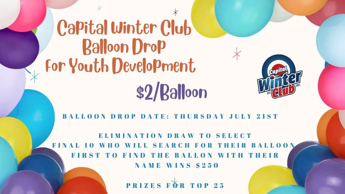 Capital Winter Club (@cwccurling) on Twitter photo Help support our Youth Development Program. Balloons are $2, prizes for top 25 & top ten will go into iceshed full of balloons, the first to find the ballon with their name on it wins $250.  Balloon can be purchased at the CWC or etransfer at Capitalwinterclub@bellaliant.com Help support our Youth Development Program. Balloons are $2, prizes for top 25 & top ten will go into iceshed full of balloons, the first to find the ballon with their name on it wins $250.  Balloon can be purchased at the CWC or etransfer at Capitalwinterclub@bellaliant.com