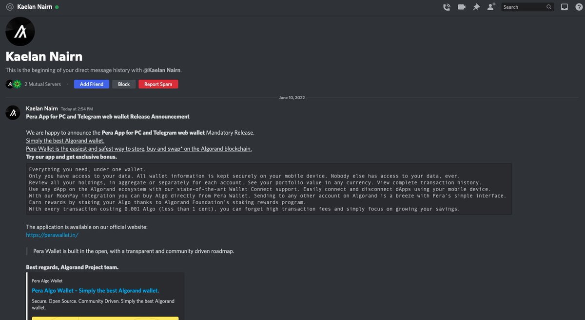 fredestante's tweet photo. SCAM ALERT!

Just received this DM on Discord claiming for web/telegram support of @PeraAlgoWallet .

$ALGO fam, please help share to raise awareness.

I've already shared with the @algofoundation team for due action. https://t.co/6vikb5w9lE