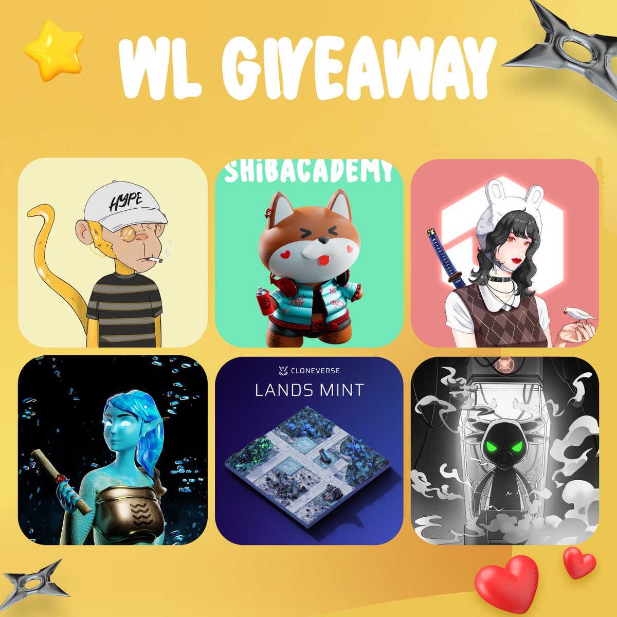 shibacademy_nft's tweet photo. 🎁MEGA #WLGiveaway🎁

@shibacademy_nft 
@HaroBuru 
@TheElementNFT 
@Cloneverse_NFT
@HYPEmbassy 
@AidbrokersNFT

✅To enter:
1️⃣Follow ALL &amp; me
2️⃣RT &amp; ❤️ &amp; Tag friends
3️⃣Fill the form (link in bio)
4️⃣Join discord (link in bio)

#NFTGiveaway #NFTcommunity https://t.co/PYMETnakpQ