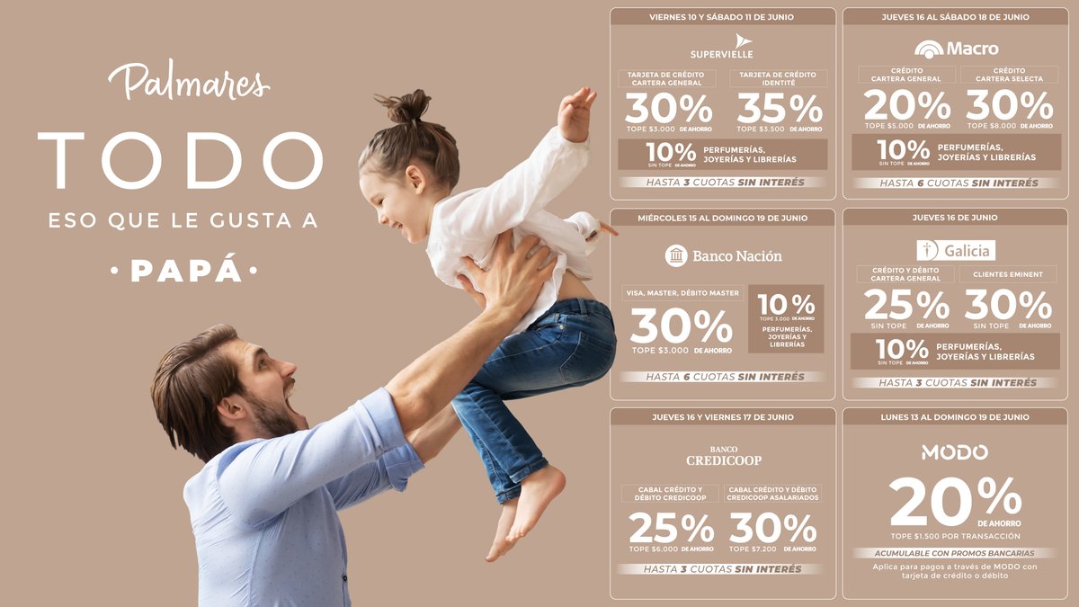 El regalo ideal para papá está en #Palmares, encontrá todo eso que le gusta ¡y sorprendelo! 🎁🥳

👉🏼 Aprovechá increíbles descuentos del 10 al 19 de junio con Supervielle, Nación, Macro, Galicia, Credicoop y pagando con la app de Modo 😉
Mimalo como se merece 💕