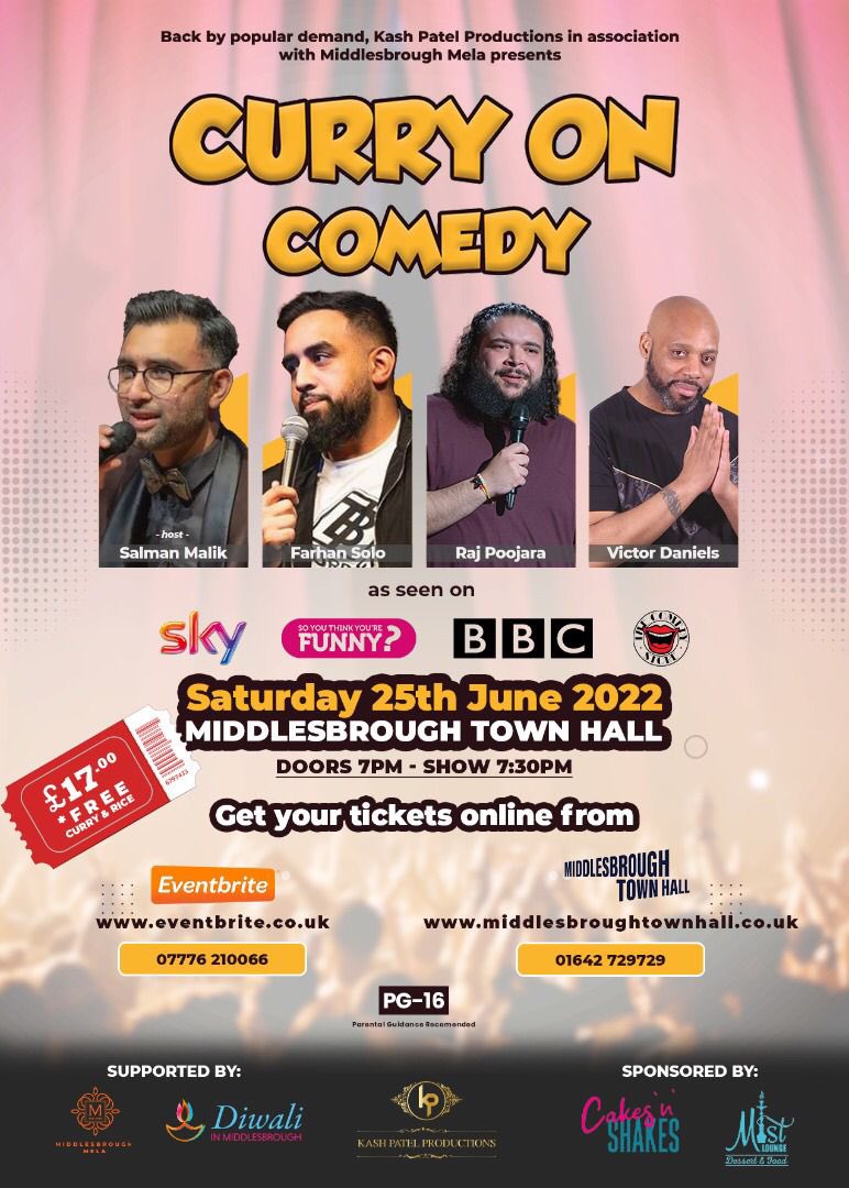 boromela's tweet photo. Spice up your Saturday with Curry on Comedy @MbroTownHall. 
4 top comics, 3 hours of entertainment, 2 halves to the show, 1 big night out! Oh and a FREE ruby during the interval.
book your tickets here: https://t.co/BpckT2uXbY https://t.co/ztlWtcKAIw