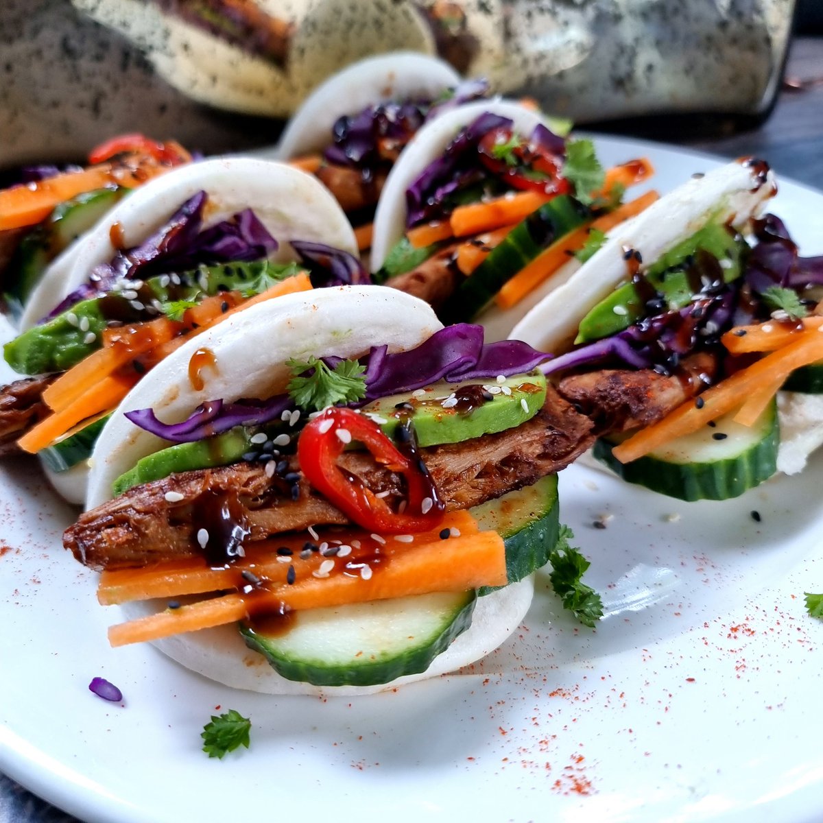 Sticky Smokehouse Rib Bao Buns.

This meal was sooooooo good!

Oumph! Ribs in bao buns with shredded red cabbage, carrot, avocado, cucumber, chilli 🌶 &amp; hoisin sauce.

Have a wonderful weekend!

Buns  - M&amp;S
Hoisin Sauce  - Blue Dragon

#vegan #baobuns