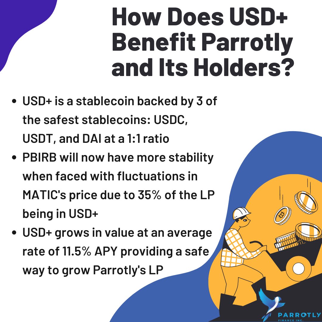 ParrotlyFinance's tweet image. Did you know that we recently migrated 35% of Parrotly's LP to USD+? 📈
Here's how the USD+/$pBirb pool benefits Parrotly and its holders: