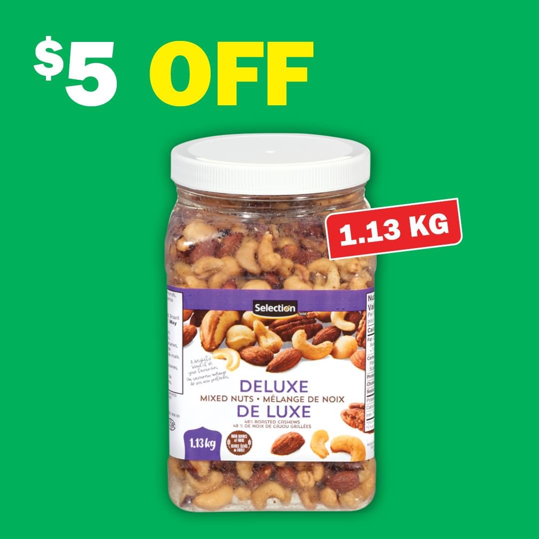 Get $5 off deluxe mixed nuts. Download the Food Basics App to redeem this coupon and more before Wednesday! #AlwaysGetMoreForLess bit.ly/3FmxYIw