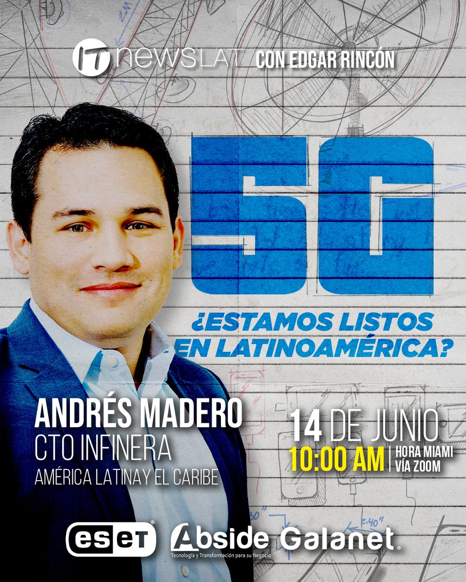 ITNewsLat's tweet photo. les tenemos una invitación

Participa en el foro
"Situacion de la tecnología 5G en América Latina"

Dia: 14/06/22 - 10:00 am (miami)

Registro https://t.co/2S0LALGhgm

@absidecorp @Galanet_ @eset_ve @Infinera @ZonicPR  @ingandresmadero https://t.co/4y7cvhfS9e