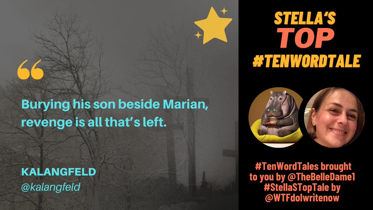 wtfdoiwritenow's tweet photo. This week's winning #StellasTopTale, part of #TenWordTales brought to you by @TheBelleDame1  really hit the mark. Congrats to @kalangfeld for his vengeful but beautiful tale. https://t.co/gNe2nMiLUs