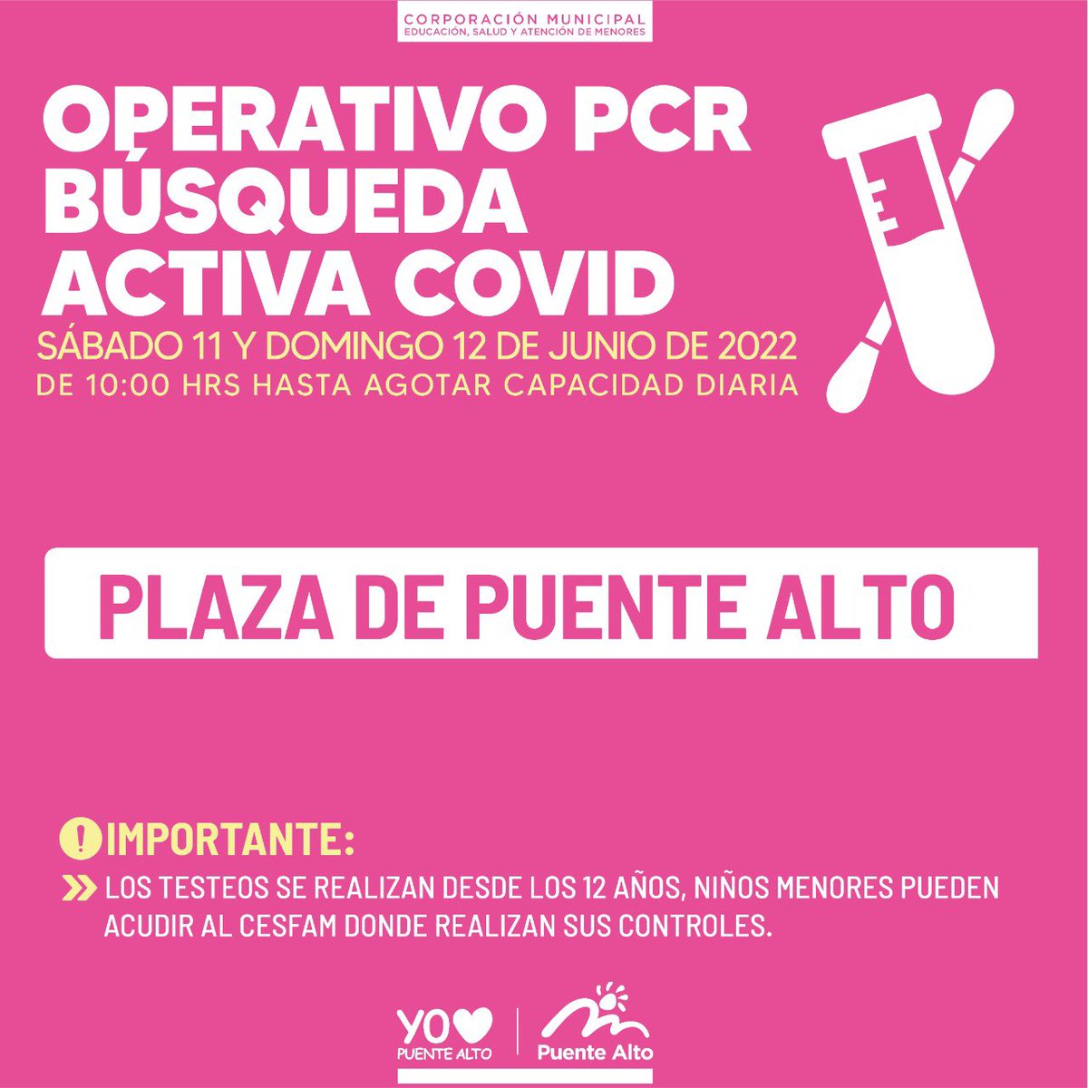 cmpuentealto's tweet photo. #OperativoPCR Sábado 11 y domingo 12 de junio. https://t.co/1YNiKIP3KR