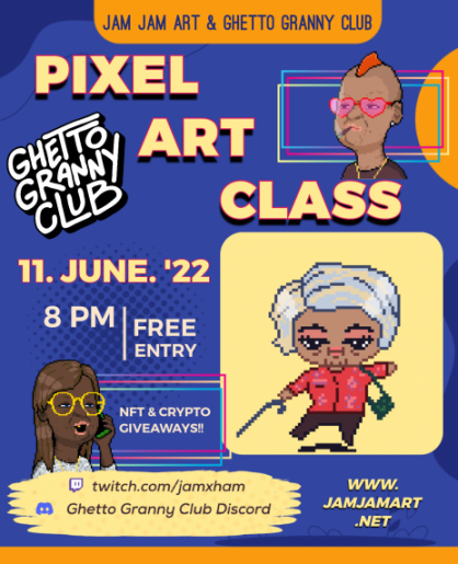 What's up grannies! 

Tomorrow @ 8pm EST we'll be helping <a href="/jamstarX/">Jam Jam Art</a>  host a Pixel Art Class for beginners!

FREE entry and we'll be having crypto &amp; NFT giveaways for participants! 🔥🔥🔥

#NFT #NFTs #NFTCommunity #NFTArt #Art #PixelArt