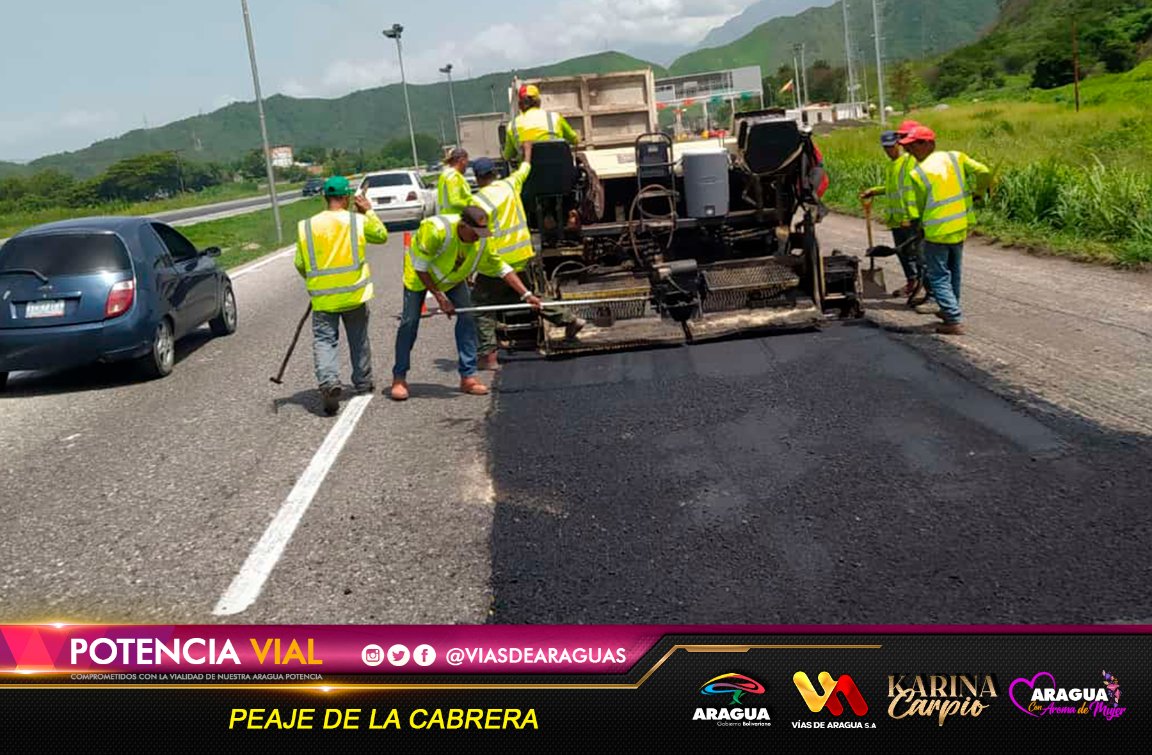 #10Jun <a href="/viasdearaguas/">Vias de Aragua S.A</a>🚧📸Avanzan las labores de pavimentación de carpeta corrida en la #ARC a la altura del Peaje de La Cabrera cumpliendo instrucción de la Gob. <a href="/Soykarinacarpio/">Karina Carpio</a> para el mejoramiento vial🚧
#VenezuelaConPalestina
<a href="/MObras_Publicas/">MinObras_Publicas</a> 
#VenezuelaEIránHermanas