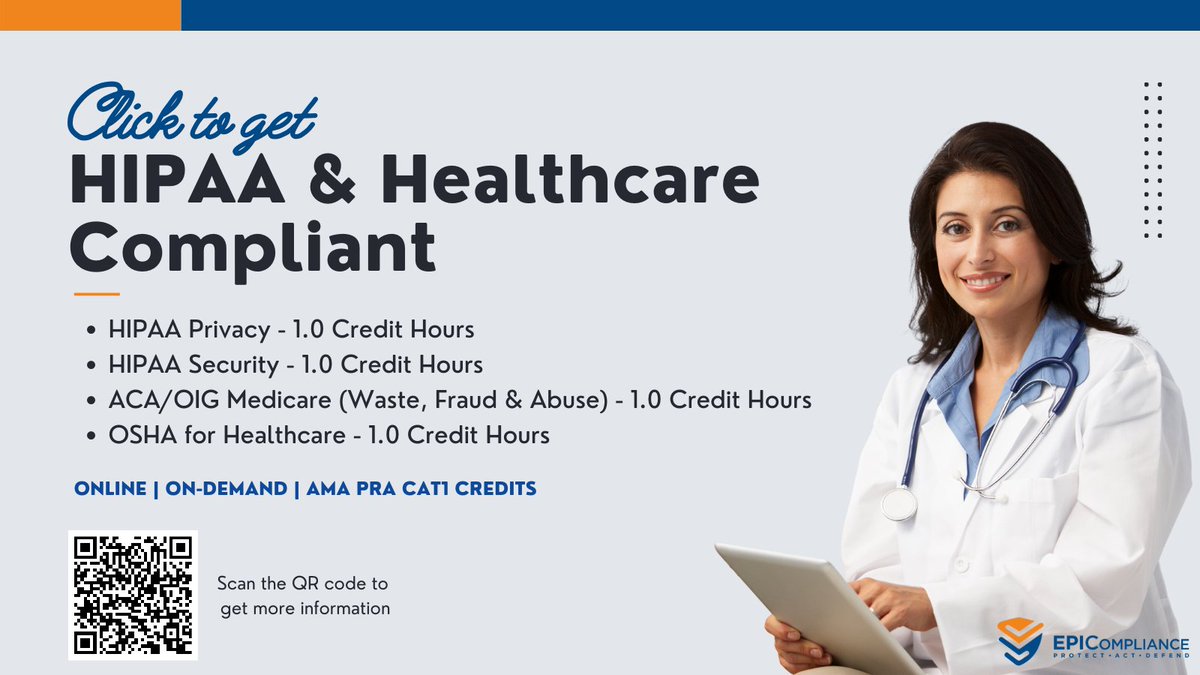 EPICompliance's tweet photo. Click here to get HIPAA &amp; Healthcare Compliant - https://t.co/Wi1KVd3jo1 
All in one course/training package:
📌HIPAA Privacy
📌HIPAA Security
📌ACA/OIG Medicare (Waste, Fraud &amp; Abuse)
📌OSHA for Healthcare
Benefits: Online ▪️ On-demand ▪️ AMA PRA Cat1 ▪️ Completion Certificates https://t.co/ltIcdNkG8g
