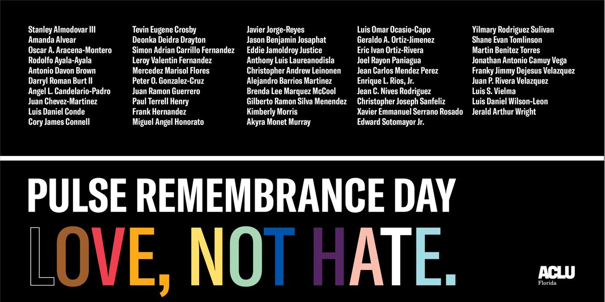 ACLUFL's tweet photo. We remember the 49 lives senselessly ended six years ago at Pulse nightclub in Orlando, and survivors traumatized by the horrific events of that day. We will never forget and stand with you always. https://t.co/ynL7SuEmw9