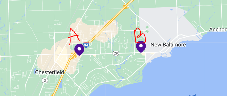 wenditha_june's tweet photo. @tacobell Will you please update your website?  Look at the map below.  This is from your website. Location A is listed as the "New Baltimore" location and Location B is listed as the "Chesterfield" location.  This makes zero sense. https://t.co/Xh3TsPfPNG