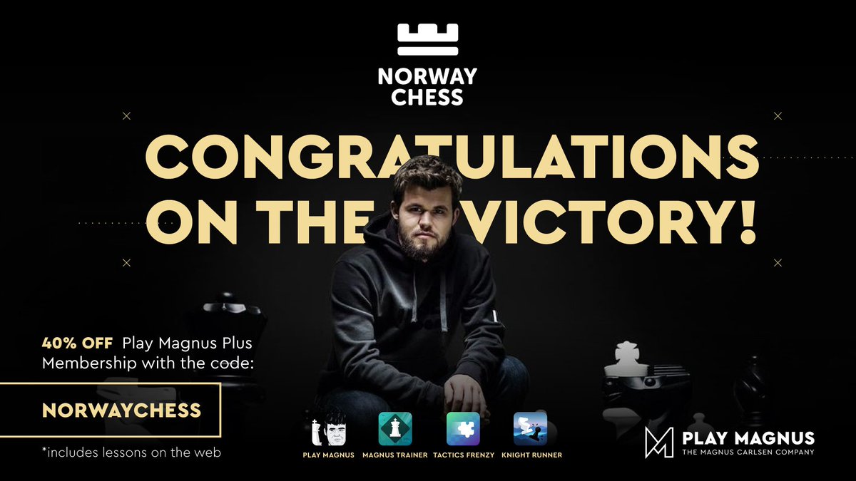PlayMagnus's tweet photo. 🏆 Congrats to Magnus Carlsen on winning @NorwayChess for the 4th time in a row! 

To celebrate, get 40% OFF Play Magnus Plus, with access to all our fun chess-training apps including #MagnusTrainer! ⤵️
https://t.co/HOXYsc1uhx

#NorwayChess #MagnusCarlsen https://t.co/eRMyQ3G6FA