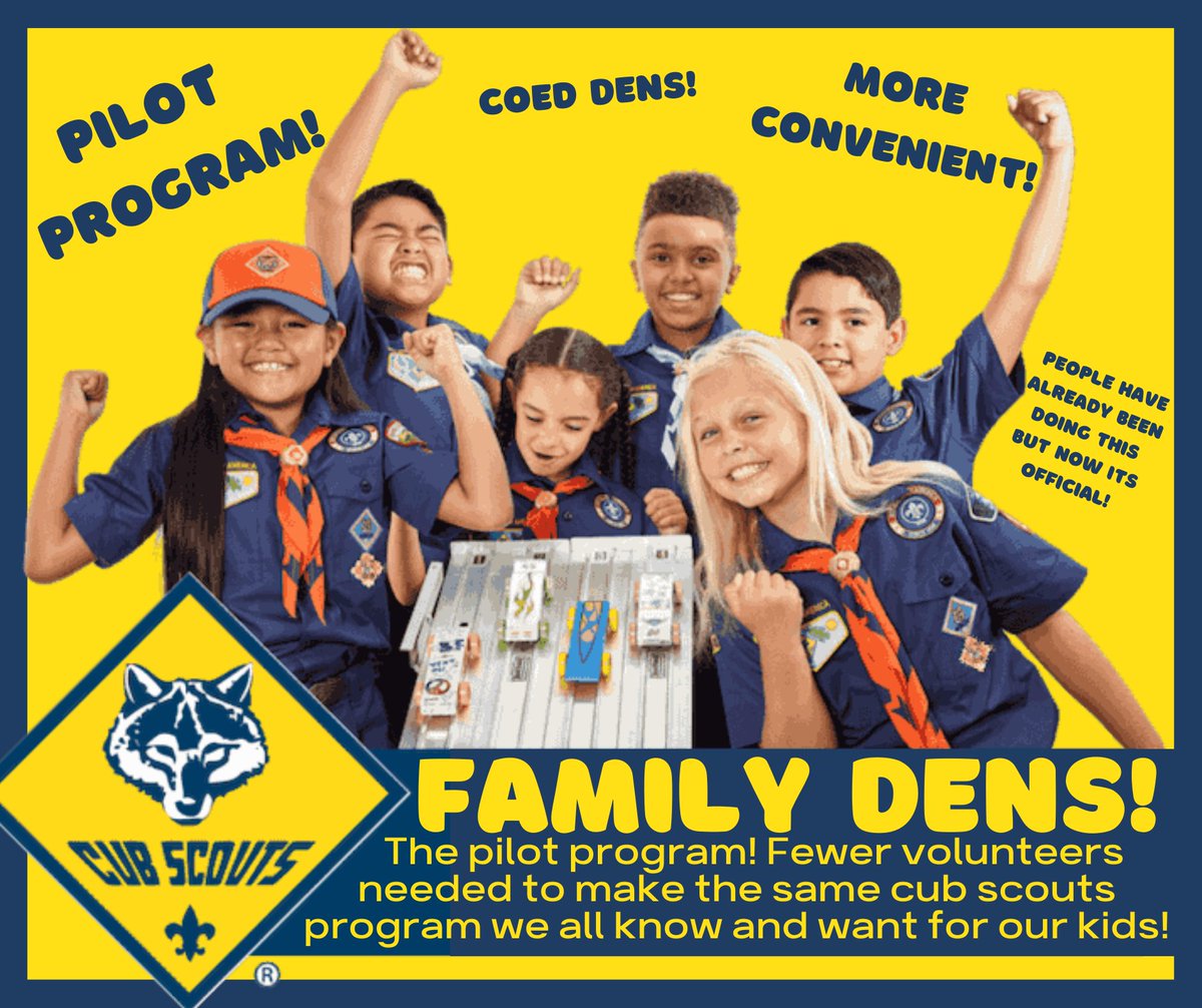 neicbsa's tweet photo. Calling all Cub Scouts! Family Dens are the exciting new pilot program that makes Cub Scouting more convenient for everyone! Contact Cynthia Gentleman at cynthia.gentleman@scouting.org to join the program and streamline your Cub Scouting experience! https://t.co/onZ7rac6Jk