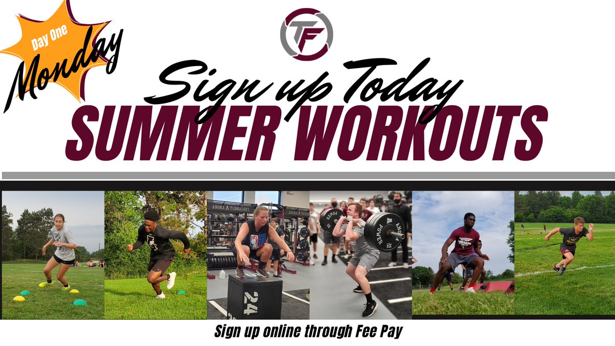 AnokaFootball's tweet photo. Workouts Begin Monday!
All male and female athletes need to get registered this weekend. 
10th-12th from 6:00 AM - 7:40 AM
8th-9th from 7:30 AM - 9:10
5th-7th from 9:00 AM - 10:40 AM

Athletes are eligible to sign up for a different grade level session if it fits their schedule. https://t.co/1pdcOcwnYH