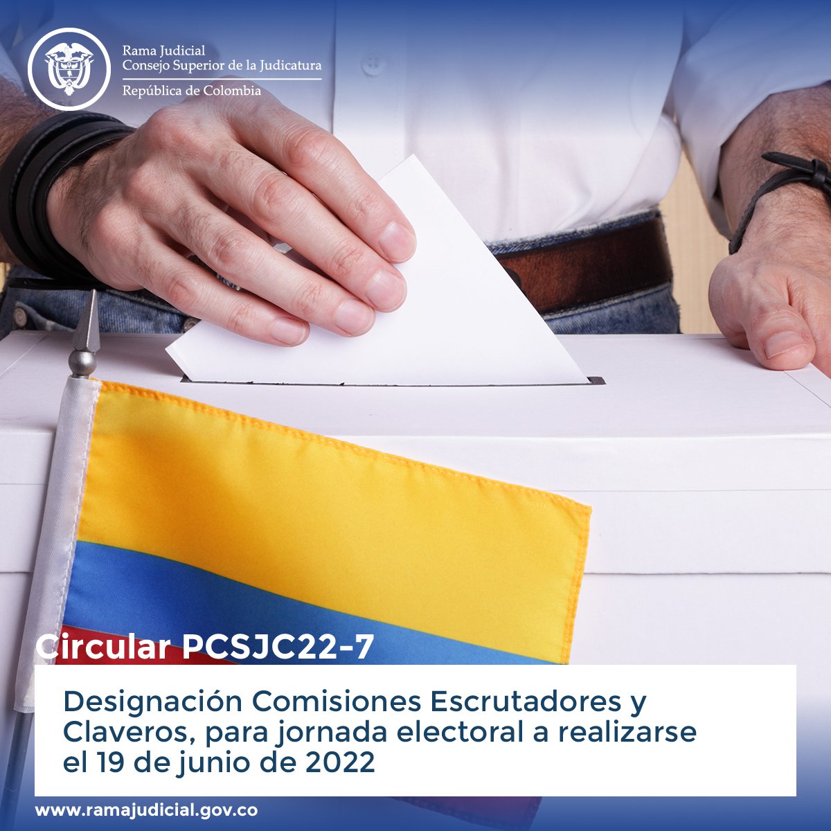 judicaturacsj's tweet photo. #CircularCSJ | @judicaturacsj insta a Consejos Seccionales que, en coordinación con Tribunales Superiores, designen las Comisiones Escrutadoras y Claveros, con ocasión de la jornada electoral que se realizará el próximo 19 de junio.

Consulte circular 👉https://t.co/lOSmj2MxUF https://t.co/PmMKjrlMwj