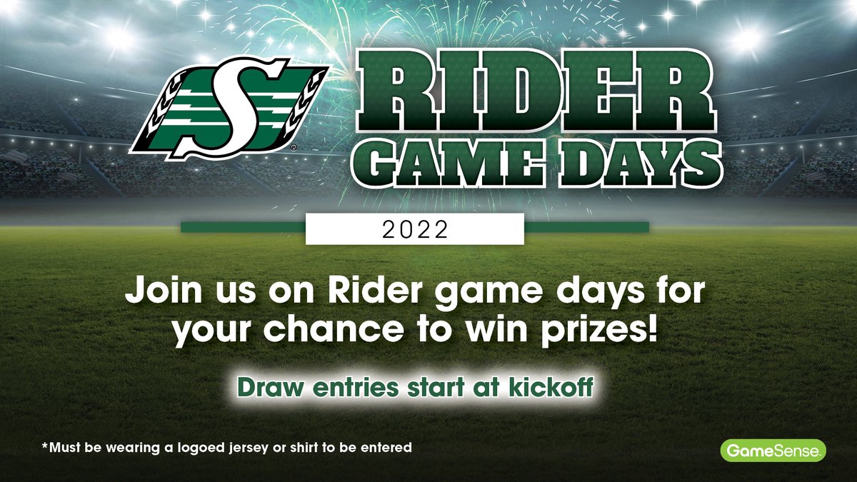 Show your Rider Pride on game day to be entered in a draw for prizes 🏈💚  Once the game starts, everyone wearing their Rider jersey or shirt should stop at the Players Club desk for their draw entry.  Must be present to win. #RiderNation