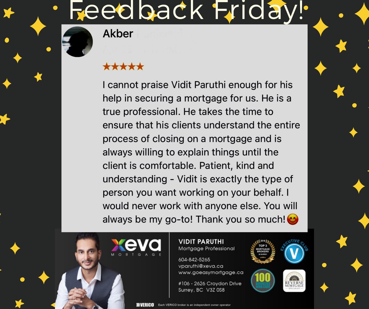 We invest time and efforts until you understand the entire mortgage process and be comfortable with your transaction! Happy Friday Everyone! 

#feedbackfriday #5starsfriday #reviews #viditparuthi #Top3RatedSurrey #topproducer2021