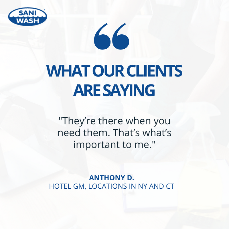 ⭐️⭐️⭐️⭐️⭐️ "I need reliability, I need someone to pick up the phone when I call and be here when they say they will. They do that for me.” -Anthony D, Hotel GM, locations in NY and CT

Thank you Anthony for sharing your kind words with us.