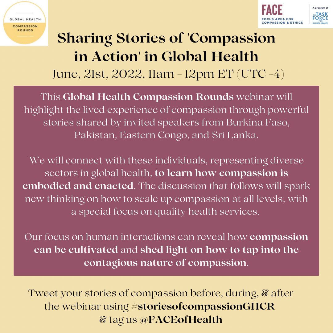 FACEofHealth's tweet photo. Sharing Stories of ‘Compassion in Action’ in Global Health - What to expect?

Register here: https://t.co/kvYaVowngd to listen to our storytellers from the DRC🇨🇩, Burkina Faso🇧🇫, Pakistan 🇵🇰 , &amp; Sri Lanka🇱🇰!
#storiesofcompassionGHCR https://t.co/xBhruZaTUO