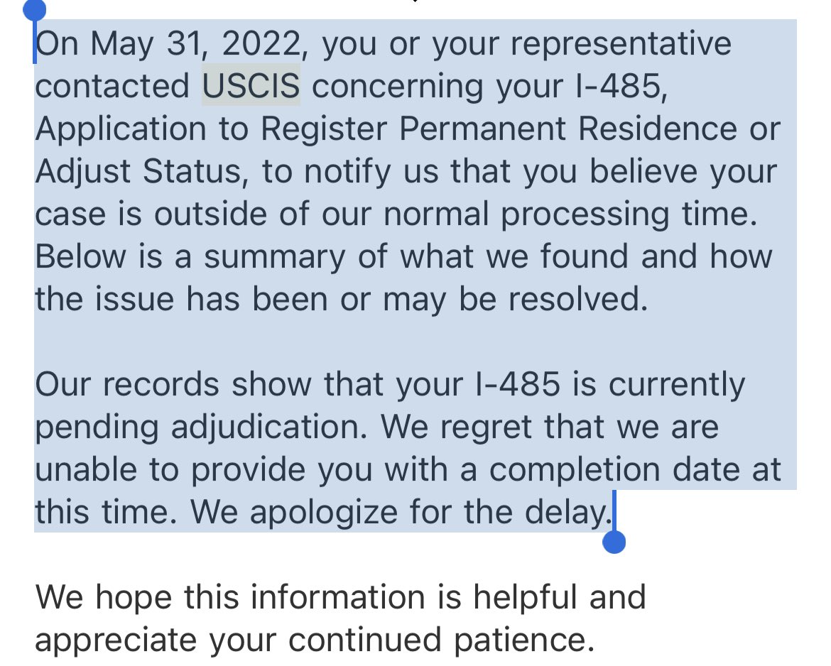 Vinayval's tweet photo. @USCIS What about applications that are already has everything..why not approve them.. This is response I got from uscis after everything is there on file and case outside normal processing.. https://t.co/sbc5N01SPP