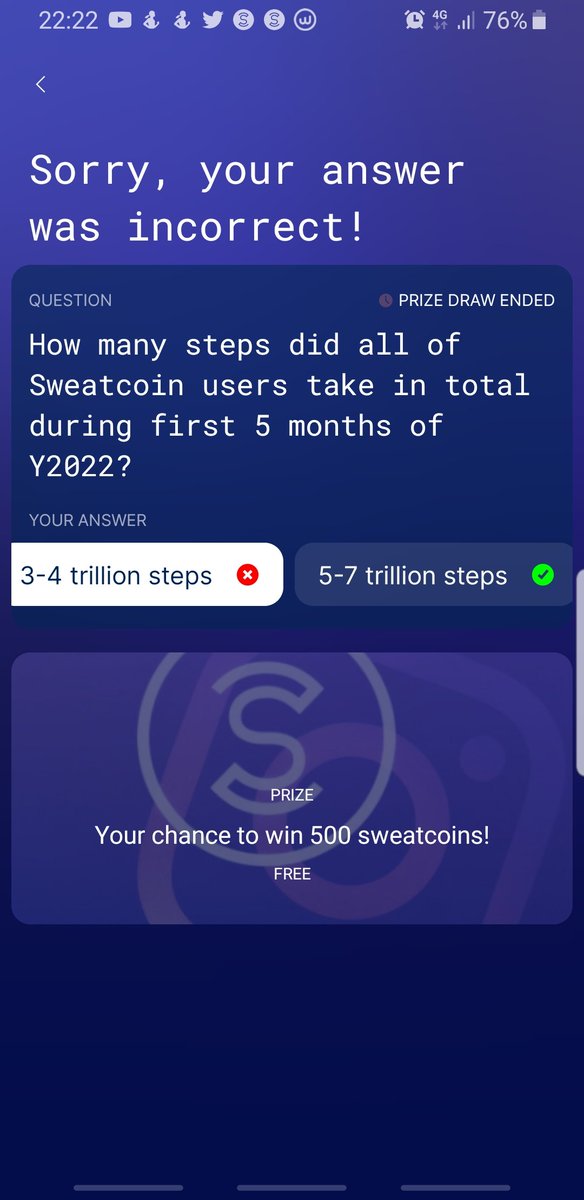 tor_v1c's tweet photo. @Sweatcoin Я так понимаю с таким обманом точно никто не выиграл 500 sweat. На фото мой скрин и фото телефона друга. На обоих ответ не правильный.  И правельные ответы отмечены разные. Если хотели обмануть то не надо было показывать правильные ответы https://t.co/OwhMGXRXkO