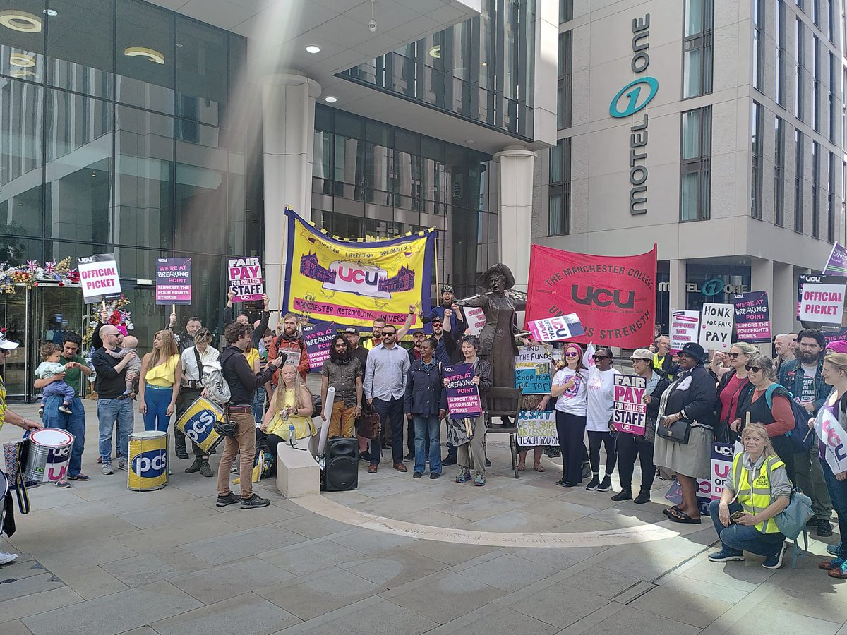 Solidarity with UCU members taking action today, pictured here in St Peter’s Square, Manchester