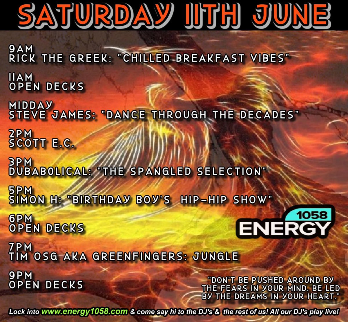 ⚠️ #Energy1058 
Saturday 
Live Music from 9️⃣am
Come join us! 🙌🏽💙
•
Listen live ► energy1058.com
or radio-uk.co.uk//energy-1058-fm
Lock in or come say hi in the chatroom energy1058.com
<a href="/dubab0lical/">Dubab0lical</a> <a href="/DJKandSJ/">stevejames+djknights</a> <a href="/Scottyc2173/">Scott Clarke</a> <a href="/tim_gardener/">DJ TIM OSG aka greenfingers jungle</a>