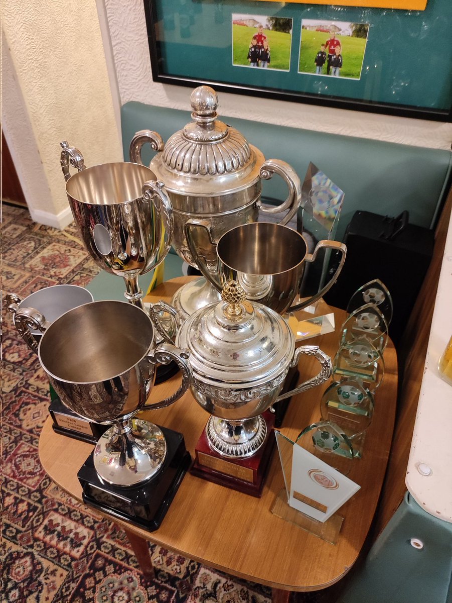 LlaniTownfc's tweet photo. Presentation night down the club.  Silverware everywhere.  And unlike the @FAWales we have individual awards.  Reserve lads are still waiting for winners medals but will enjoy what we put on for them.  #upthedaffs https://t.co/nyqHUNSo2l