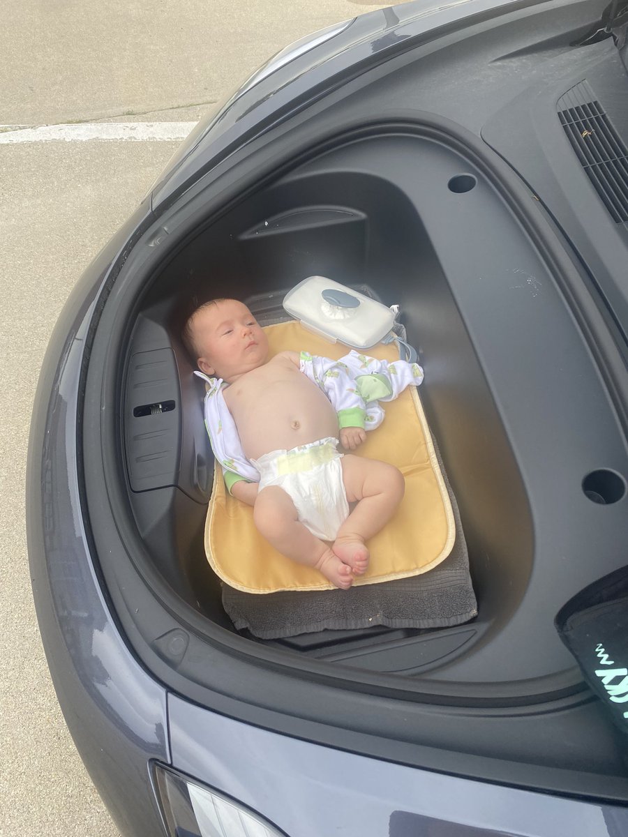 Rasanders11's tweet photo. @elonmusk thanks for installing this baby changing table in the model 3. I have some ideas for the next version. https://t.co/Tfnba8jtGa