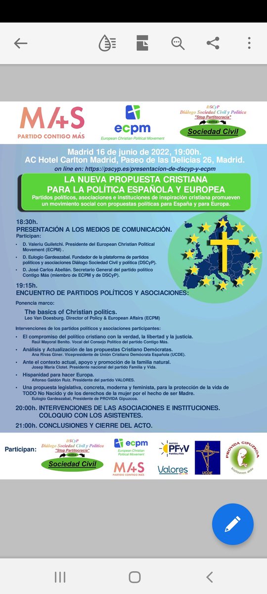 valores_espana's tweet photo. El próximo Jueves, de la mano de la mano de @MAS_Espana y @ECPM_official se dará a conocer la Nueva Propuesta Cristiana para Europa.
Nuestro Presidente @alfonsojgaldon participa con la ponencia " Hispanidad para hacer Europa" .

#LaRevoluciónTranquilaDeLasFamilias es imparable. https://t.co/EXWTWfolX1